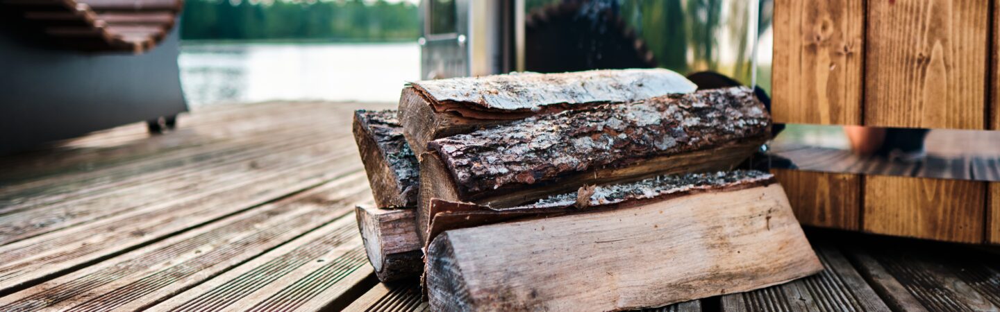 Stacked logs are visible on a wooden pier, with a lake in the background.