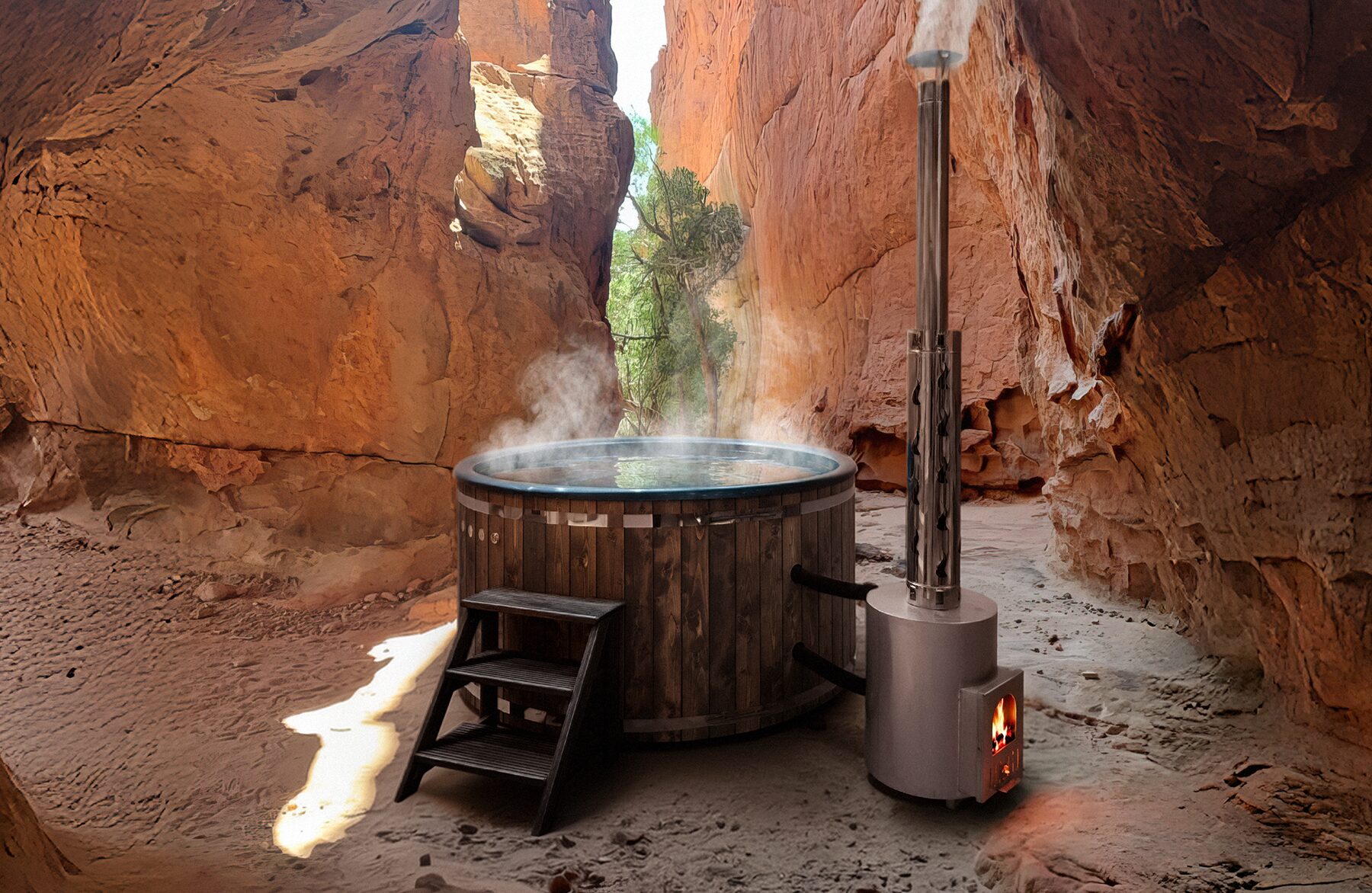 Makoya Spa hot tub DIANA set on a meadow featuring wooden cladding, a grey interior tub with integrated jets, wooden. Entry step and a external metal stove