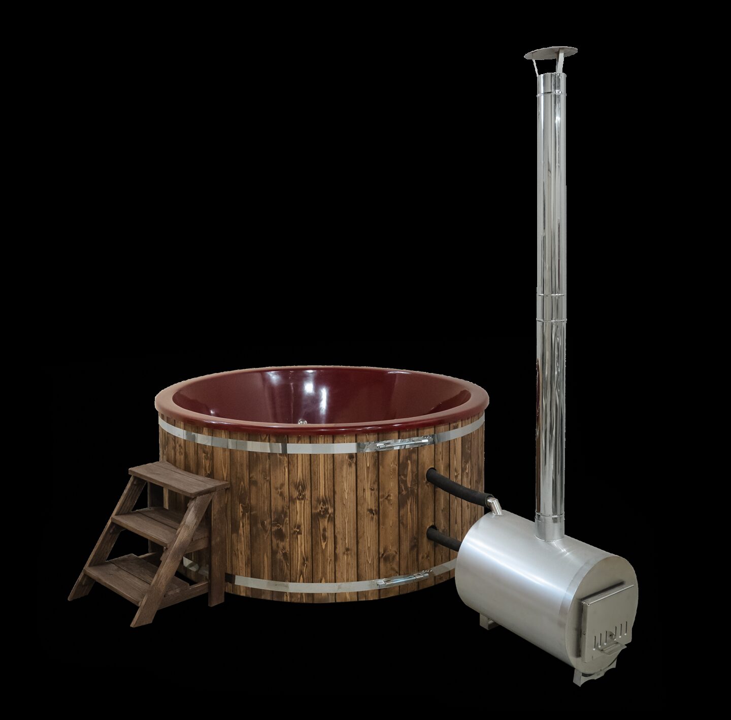 Hot Tub LUNA made of wood with wooden steps and an external oven