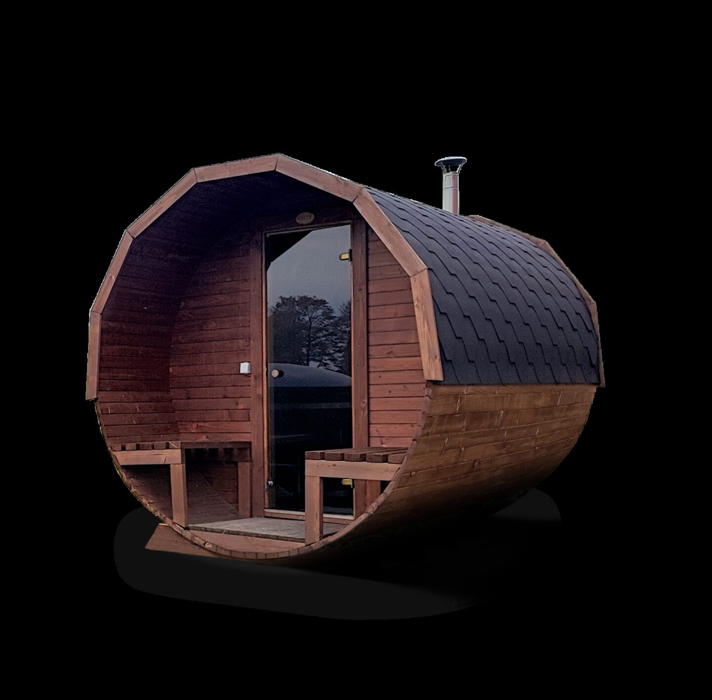 Makoya Spa JUNO wooden sauna with glass door and covered terrace with outdoor benches