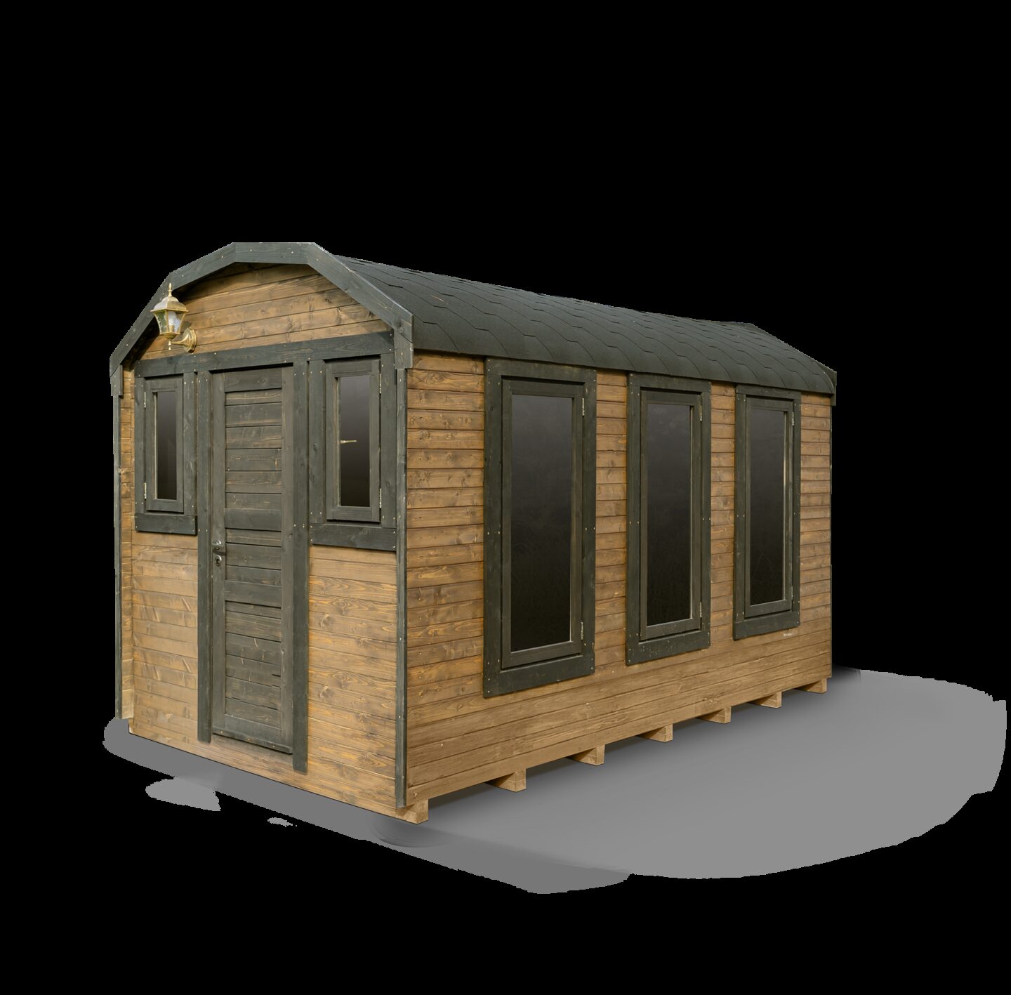 Wooden Makoya Spa tiny house with entrance door, several windows and a dark gable roof