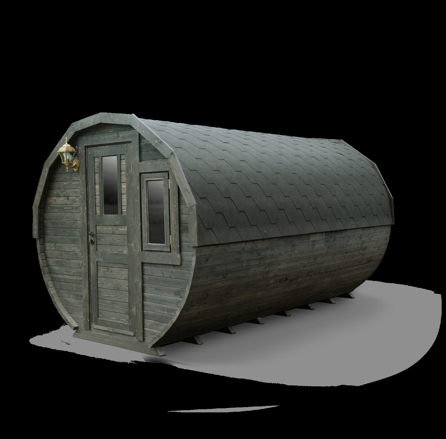 Makoya Spa JUNO wooden tiny house with entrance door, windows and a dark shingle roof