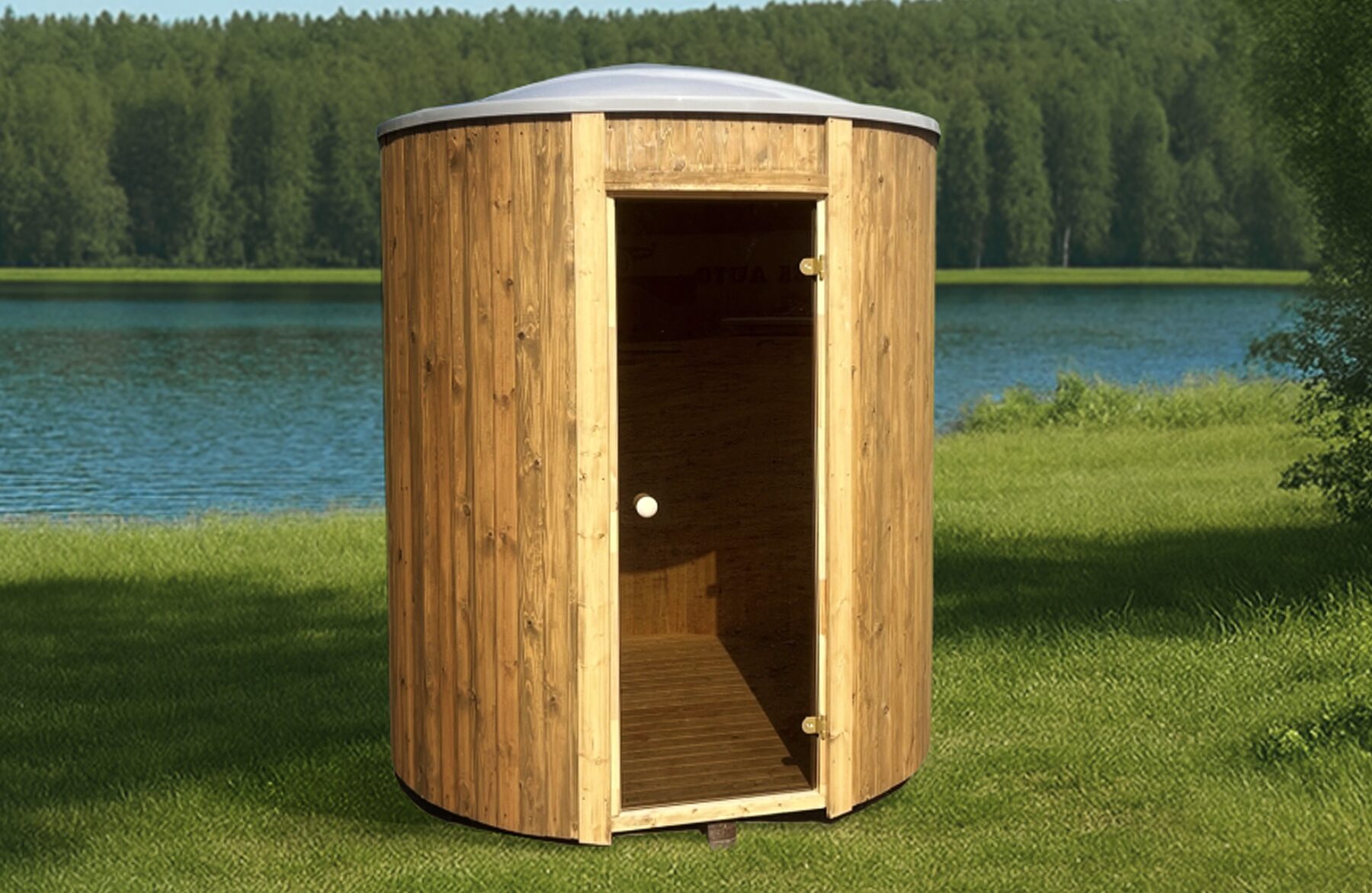 Sauna VESTA by Makoya Spa in nature, with a forest, a lake and a cloudy sky in the background