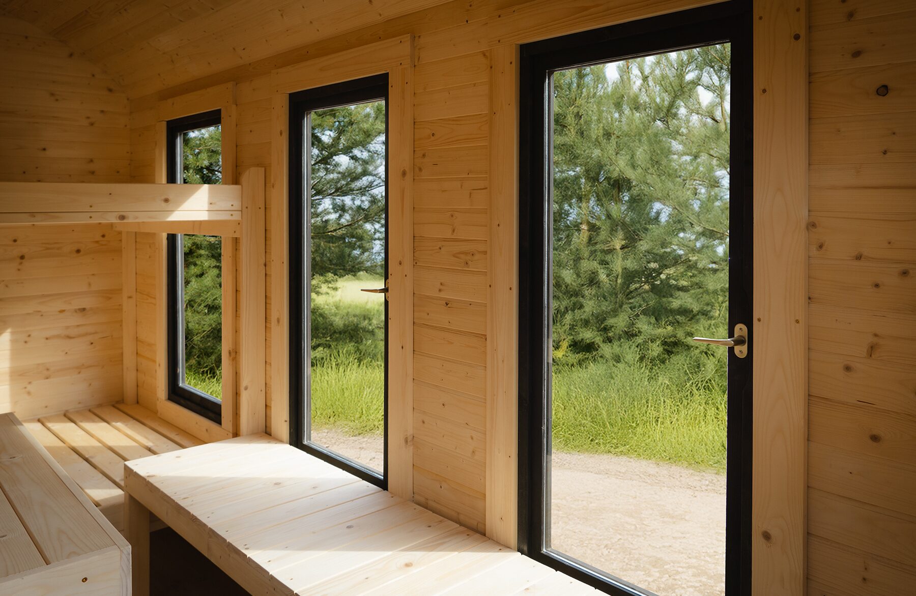 Interior view of a Makoya Spa tiny house CERES featuring light wooden paneling and large windows. Built-in wooden benches and platforms run along the window wall, creating an open and airy living space. The expansive views of the surrounding greenery enhance the sense of closeness to nature and calm.