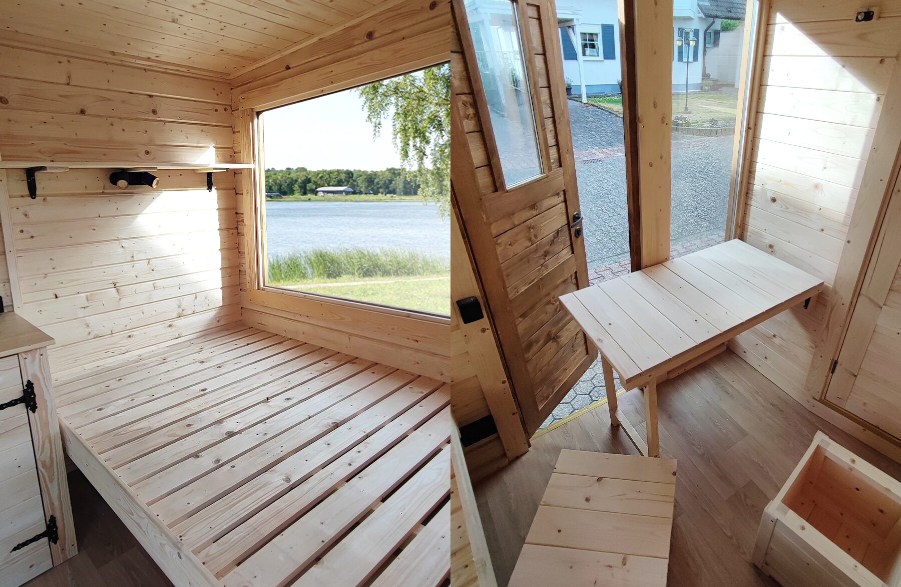 Interior view of a Makoya Spa tiny house DELUXE with light wood paneling: on the left, a cozy sleeping area with a large window offering a view of a lake; on the right, the entrance area with an open wooden door, a foldable table, and compact seating and storage elements designed for flexible use.
