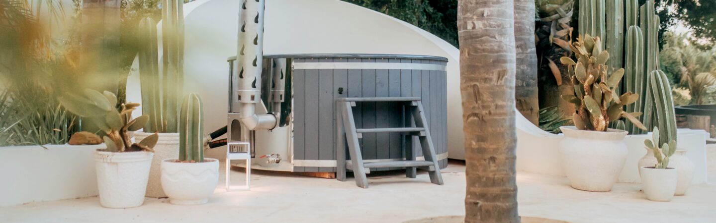 Hot Tub by Makoya Spa placed in a garden with palm trees and cacti.